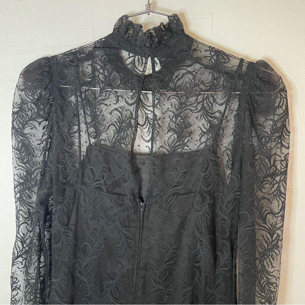 Vintage Black Lace Ruffle High Neck Drop Waist Whimsy Goth Romantic Dress - Picture 4 of 16